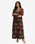 Front view of Palm Sanctuary luxury linen blend jalabiya featuring ribbon neck and hand embellishment