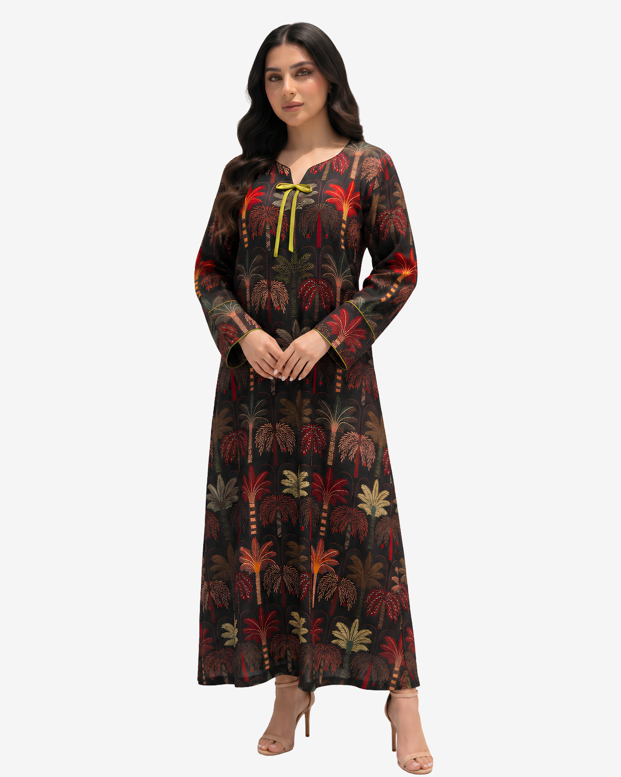 Three-quarter view of Palm Sanctuary modest linen blend jalabiya with tropical palm print and ribbon detail