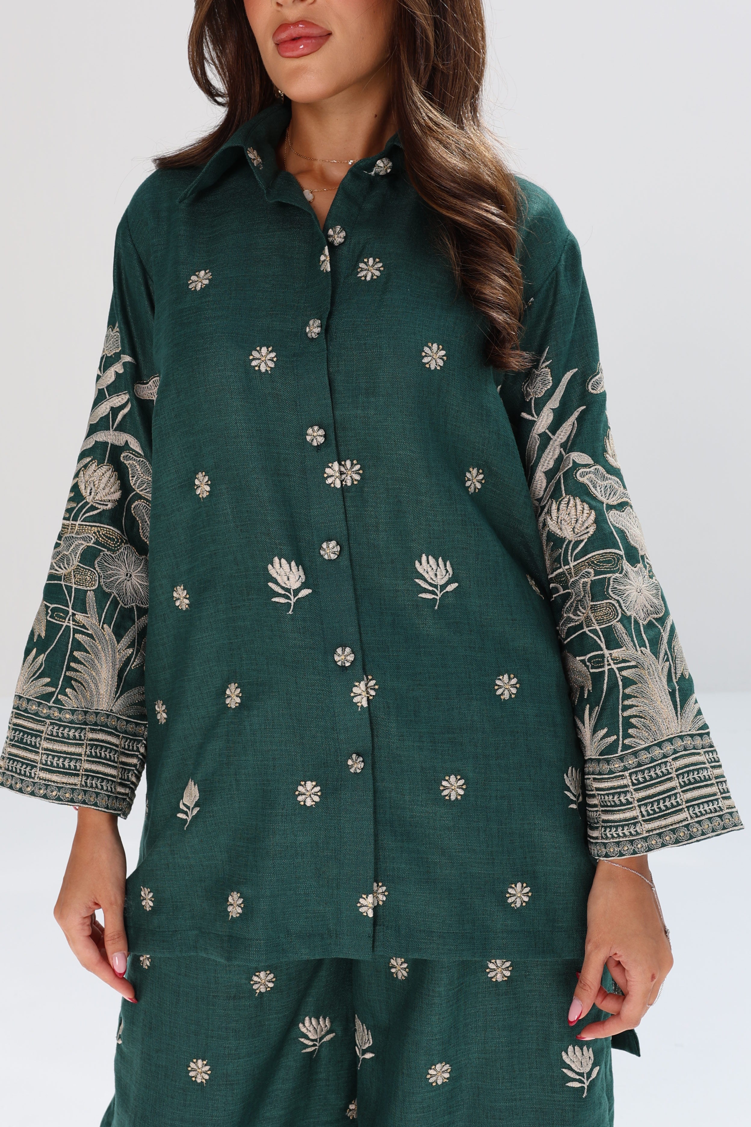 Wardat Al Nil — Emerald Botanical Embroidered Co-ord Set