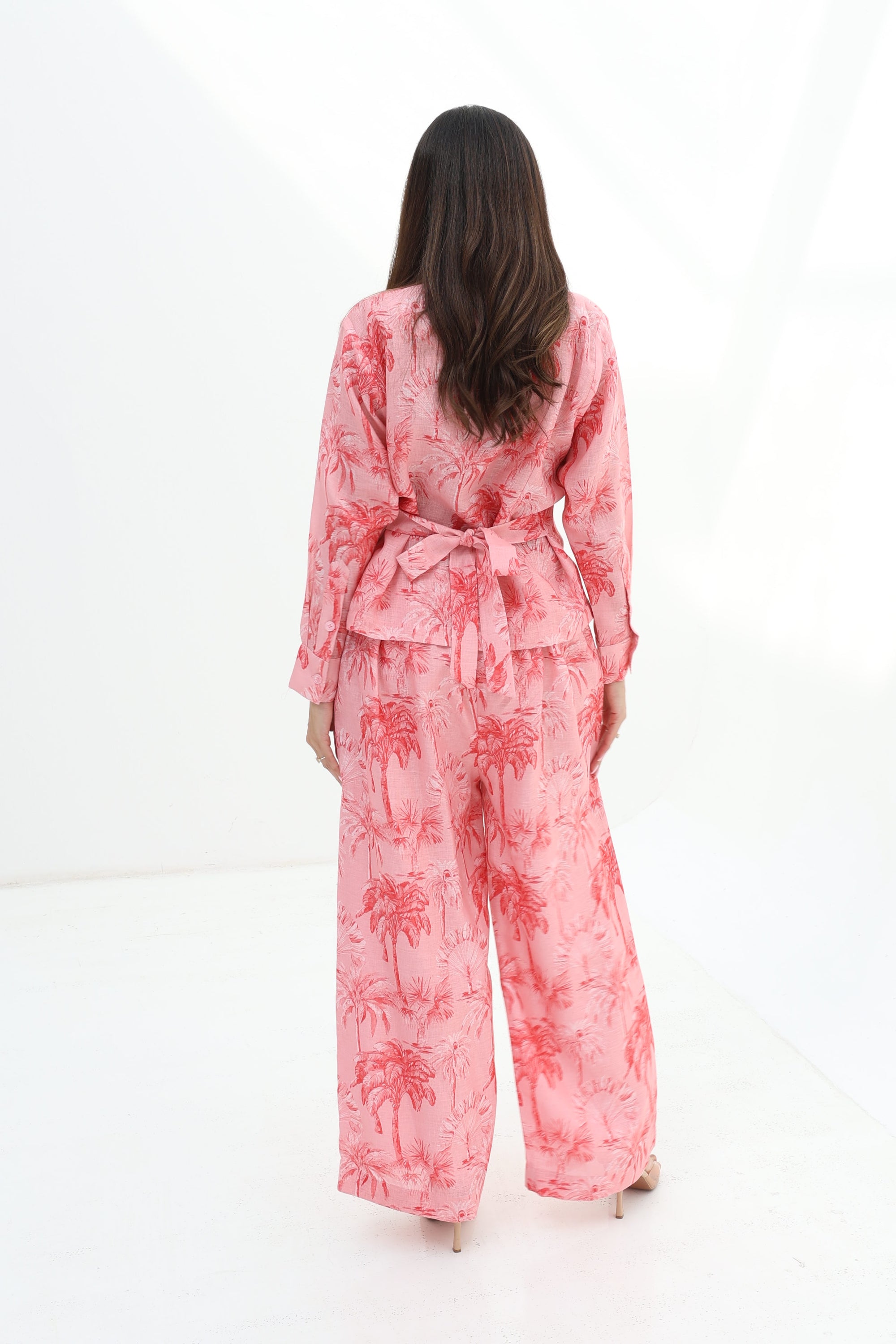 Back view of the Palm Blush Linen Blend Co-Ord Set highlighting the elegant palm print and relaxed modest fit.