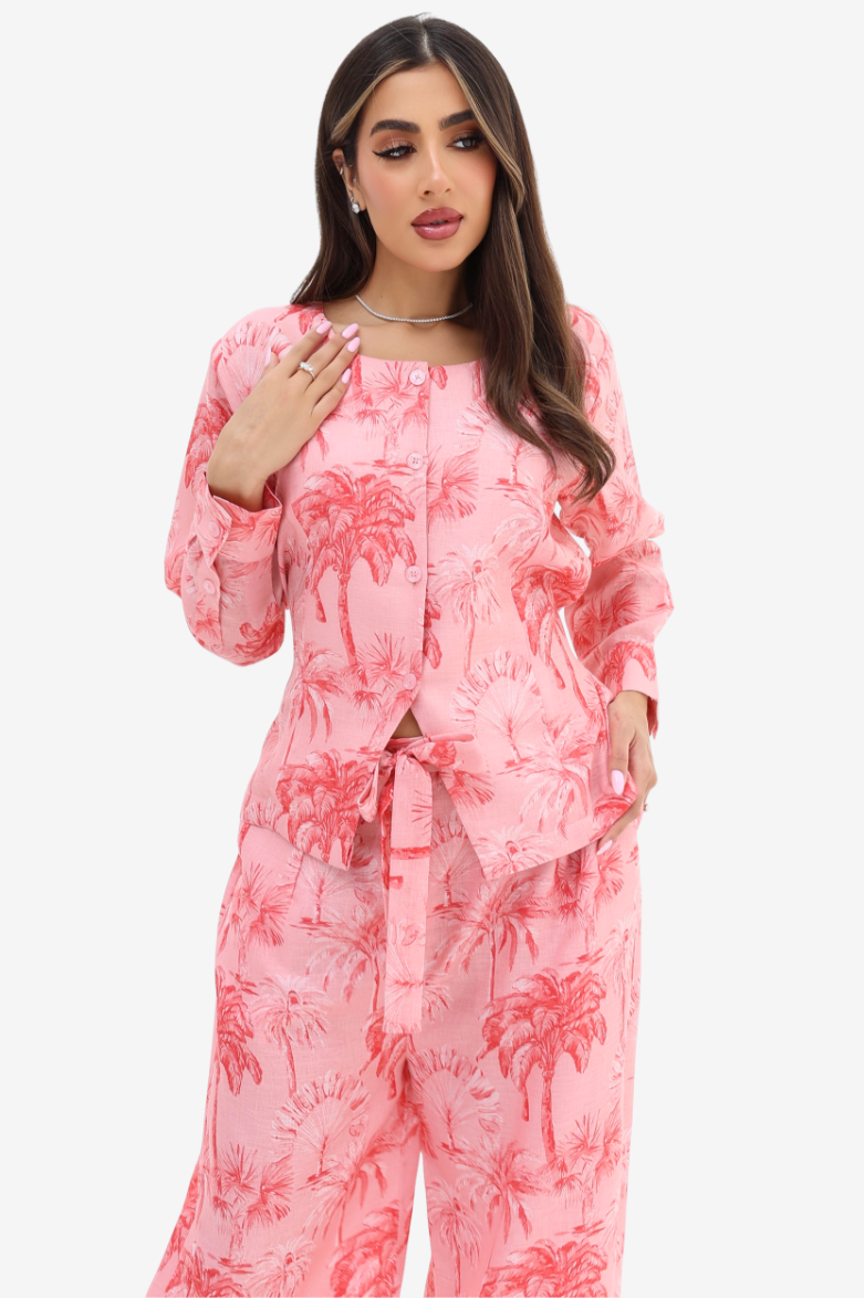 Three-quarter view of the Palm Blush Linen Blend Co-Ord Set in breathable linen blend with a blush pink palm-inspired print.