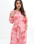Upper body view of the Palm Blush Linen Blend Co-Ord Set highlighting the premium linen blend fabric and tropical palm-inspired print.