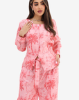 Three-quarter view of the Palm Blush Linen Blend Co-Ord Set in breathable linen blend with a blush pink palm-inspired print.
