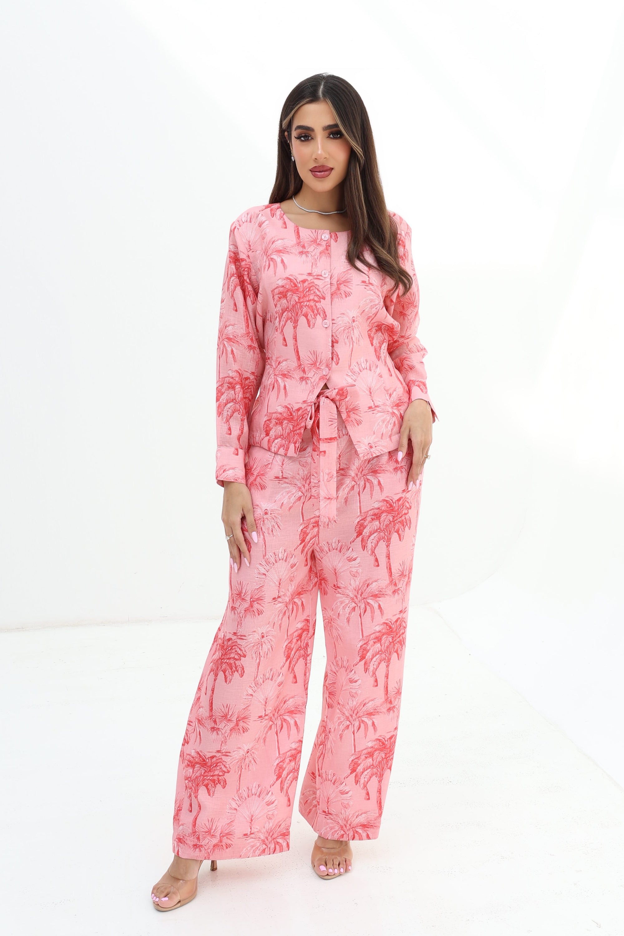 Full-length view of the Palm Blush Linen Blend Co-Ord Set with coordinated button-front top and wide-leg trousers by Gharza Couture.