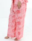 Close-up of the Palm Blush Linen Blend Co-Ord Set featuring lined wide-leg trousers with an elastic waistband for comfort.