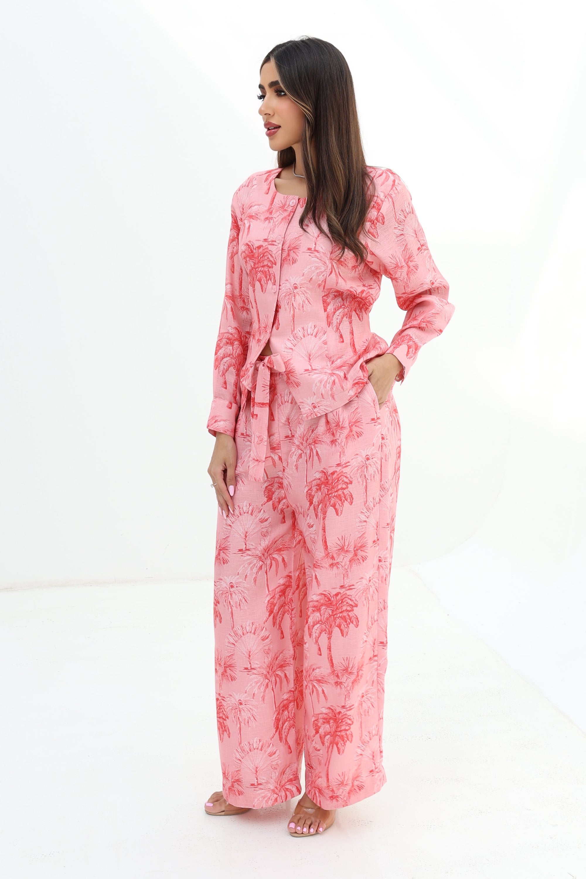 Side view of the Palm Blush Linen Blend Co-Ord Set featuring a relaxed silhouette and wide-leg trousers in premium linen blend.