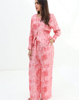 Side view of the Palm Blush Linen Blend Co-Ord Set featuring a relaxed silhouette and wide-leg trousers in premium linen blend.
