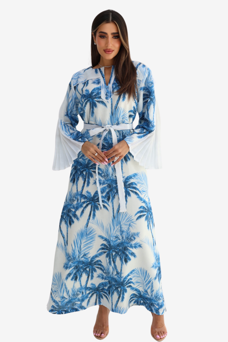 Palm Breeze Pleated Panel Linen Blend Dress front view with tropical palm print