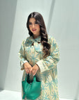 Palm Canopy Linen Blend Jalabiya in cream and teal with statement bow neckline and long sleeves, upper-body view