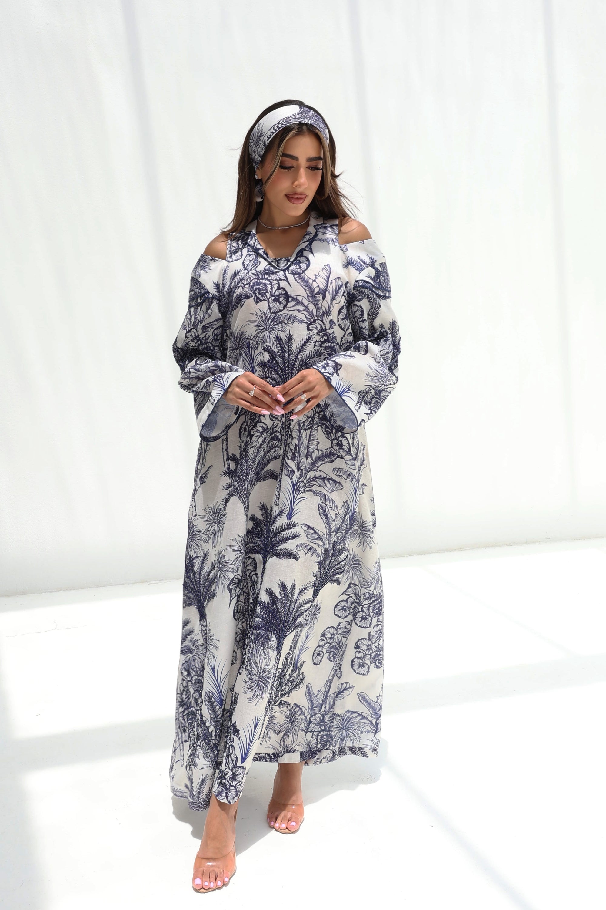 Palm Escape Open Shoulder Linen Blend Jalabiya in blue palm print, full-length front view