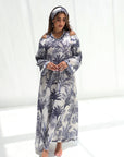 Palm Escape Open Shoulder Linen Blend Jalabiya in blue palm print, full-length front view