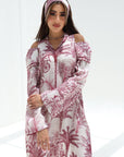 Upper-body view of Palm Escape Open Shoulder Linen Blend Jalabiya in burgundy palm print