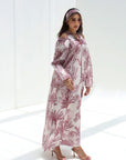 Palm Escape Open Shoulder Linen Blend Jalabiya in burgundy palm print, side view
