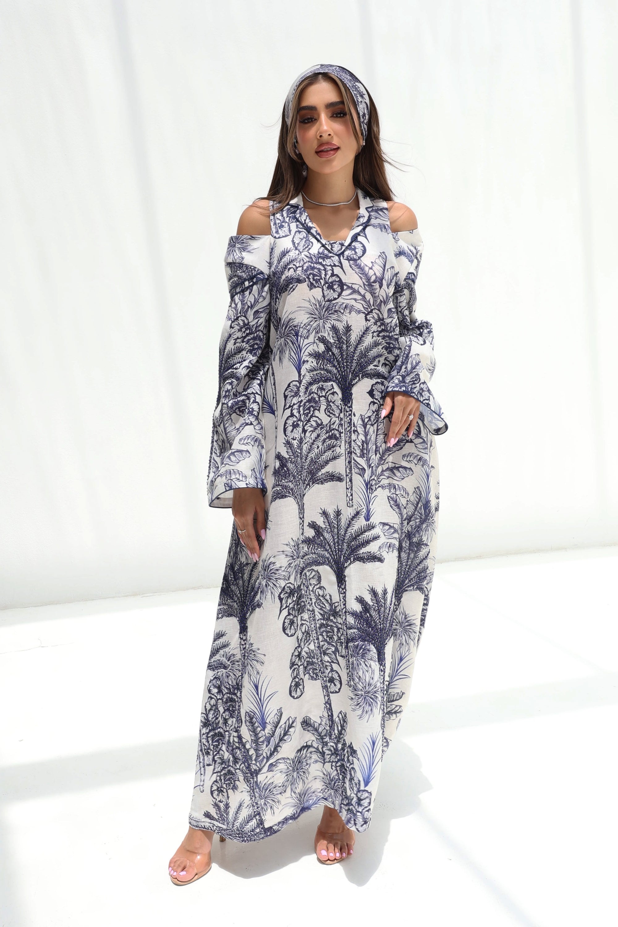 Palm Escape Open Shoulder Linen Blend Jalabiya in blue palm print showing open shoulder detail