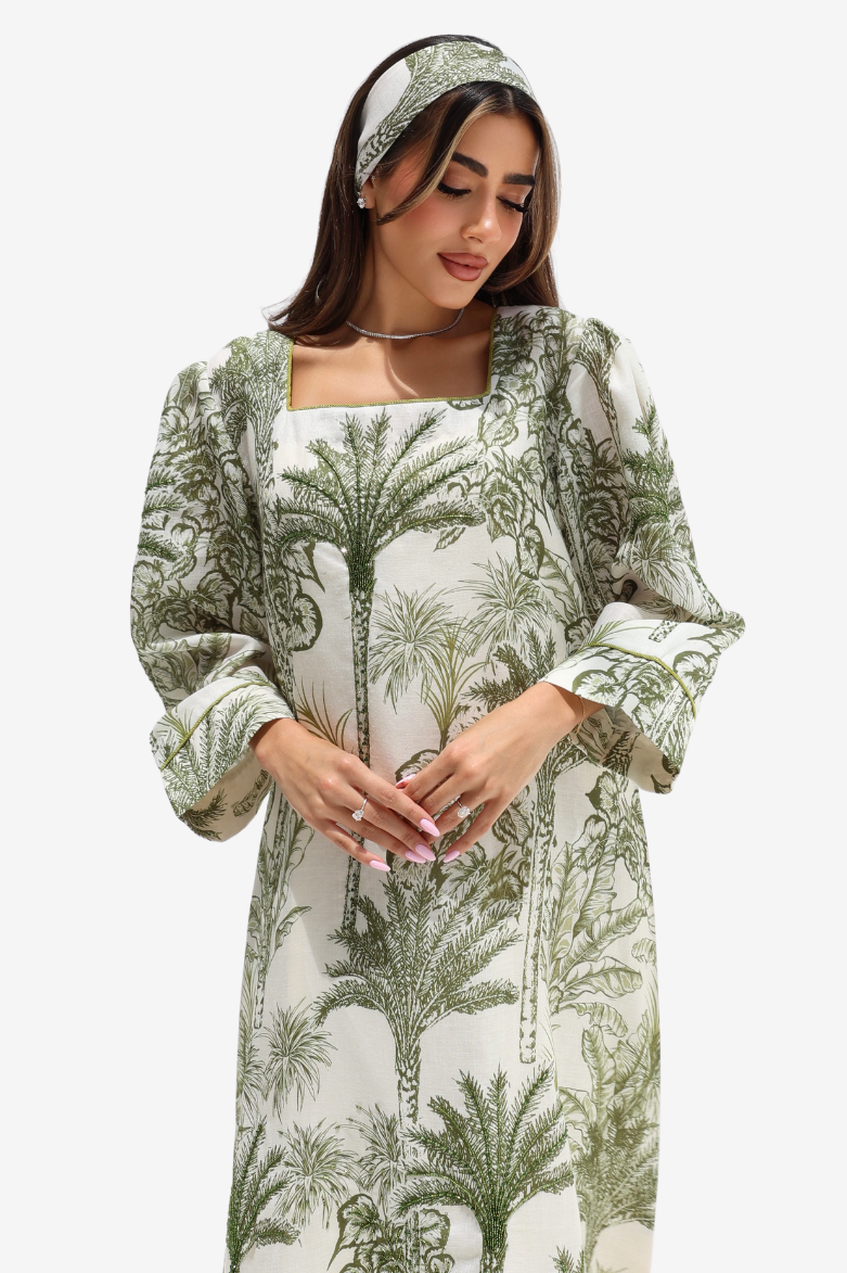 Close-up of embroidered square neckline on Palm Escape Jalabiya