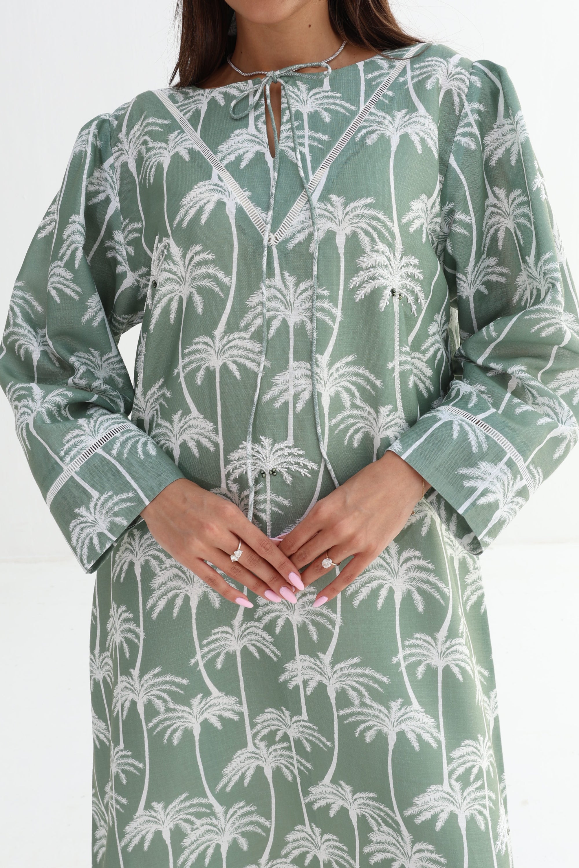 Sage Palm Embellished Linen Blend Jalabiya hand embellished neckline detail