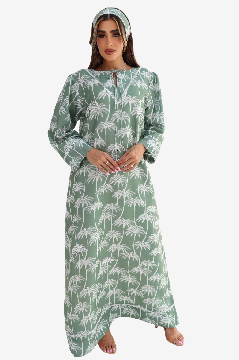 Palm Haven Tie Neck Hand Embellished Linen Blend Jalabiya front view