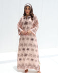 Full-length front view of hand embellished palm print linen blend jalabiya with side slits