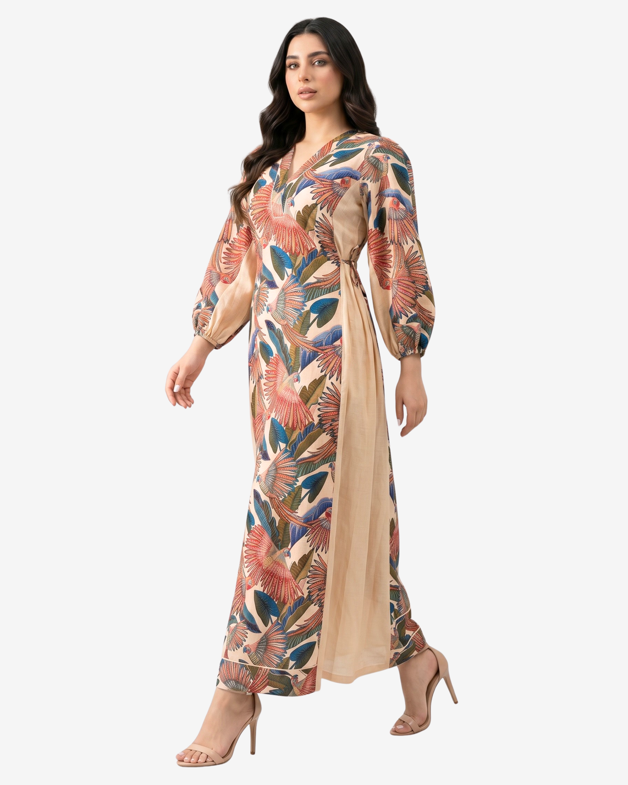 Luxury Paradise Plume linen blend dress with tropical bird print, contrast side panels and flowing modest design by Gharza Couture.