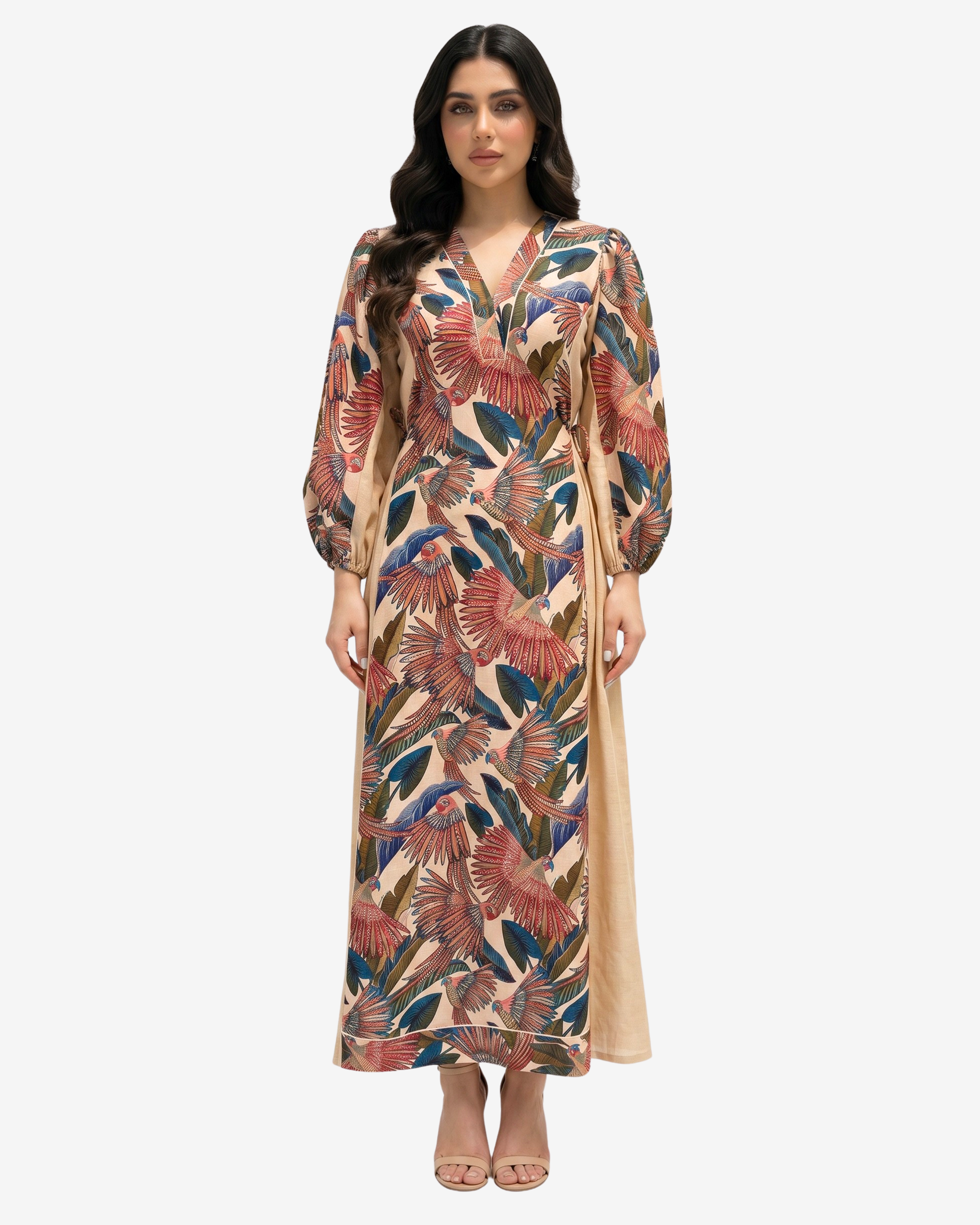 Paradise Plume Contrast Panel Linen Blend Dress by Gharza Couture featuring a tropical bird print, V-neckline and elegant full-length modest silhouette.