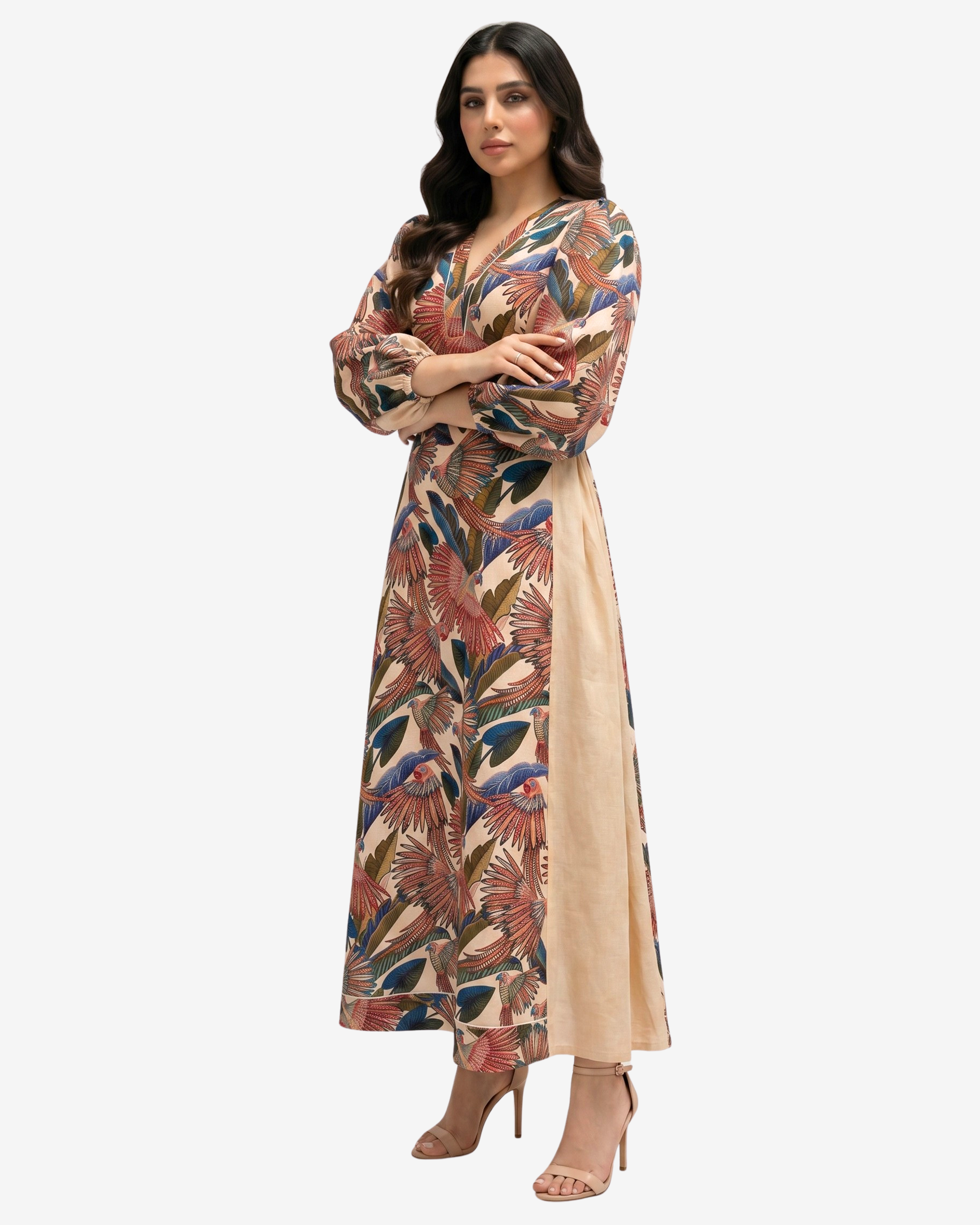 Paradise Plume modest linen blend dress showcasing tropical bird and botanical print with flattering contrast side panels.