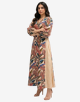 Paradise Plume modest linen blend dress showcasing tropical bird and botanical print with flattering contrast side panels.