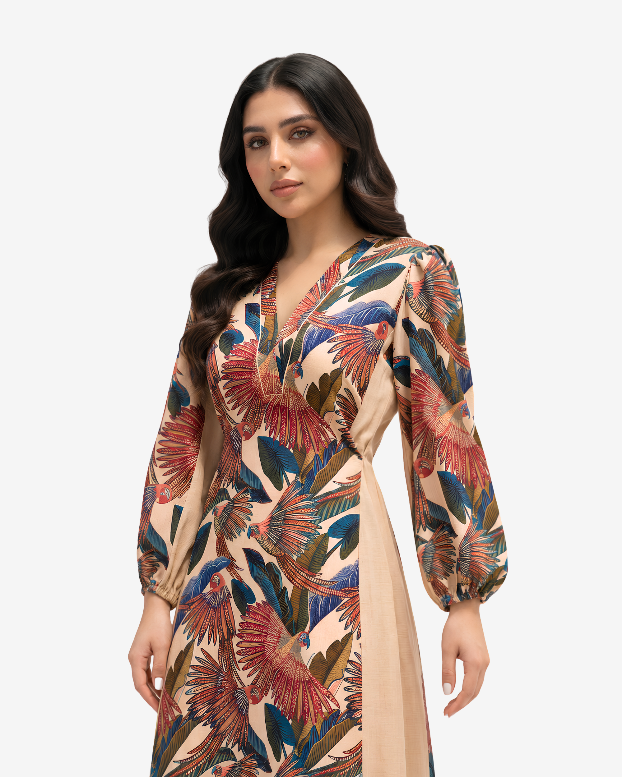 Close-up of the Paradise Plume Contrast Panel Linen Blend Dress highlighting the tropical bird print, V-neckline and premium craftsmanship.