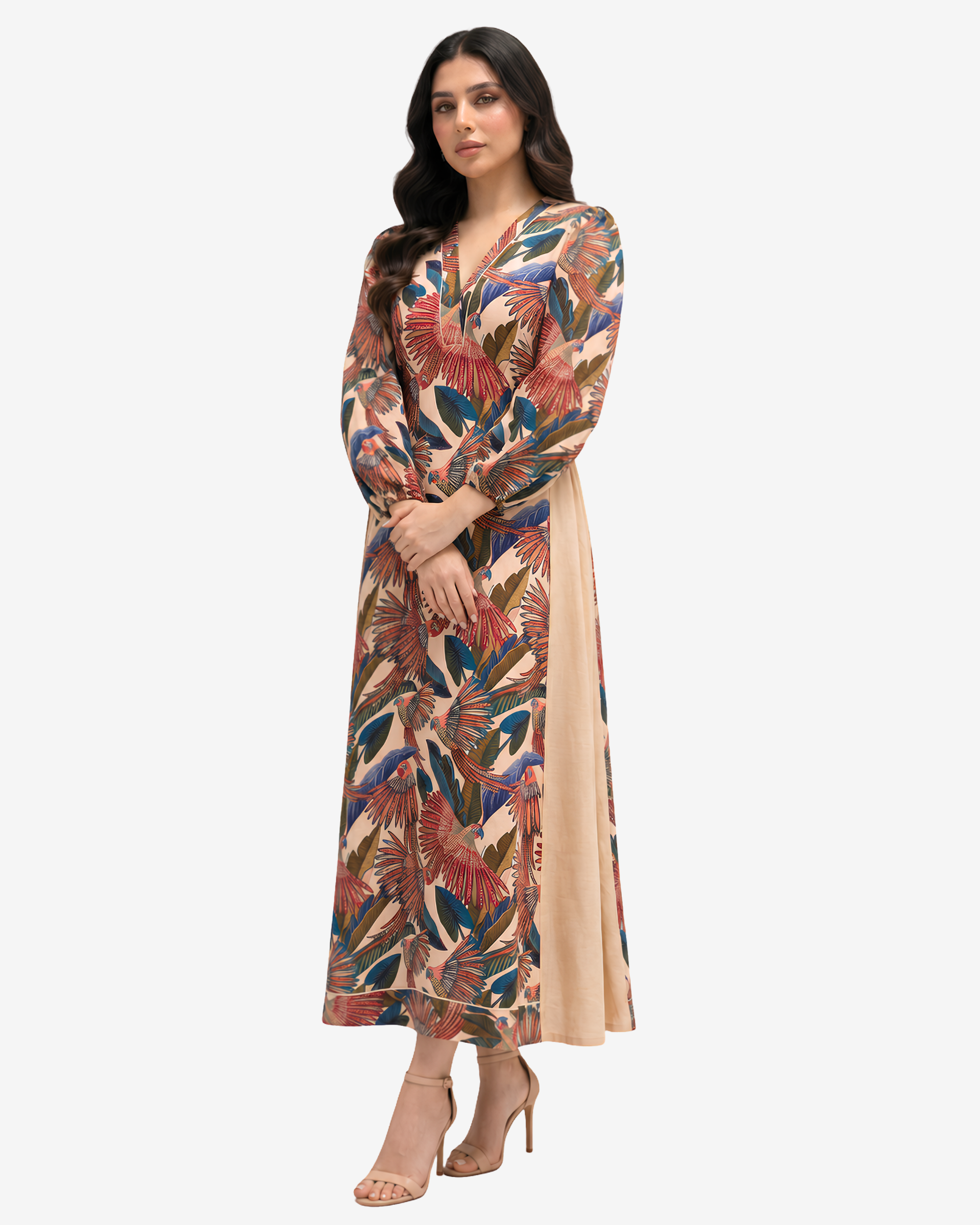 Full-length Paradise Plume linen blend dress featuring vibrant tropical bird print, balloon sleeves and elegant V-neckline.