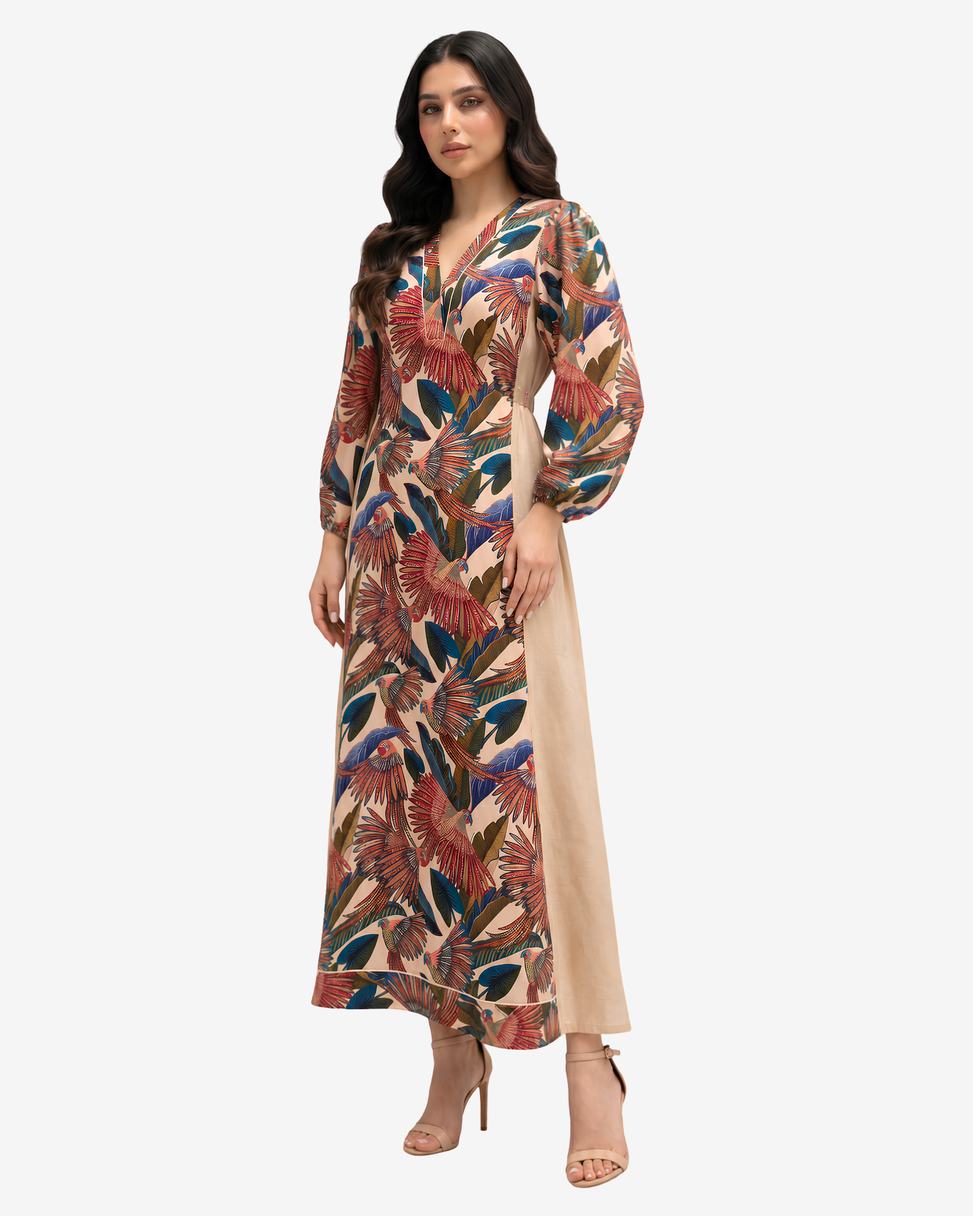 Elegant Paradise Plume tropical print linen blend dress with contrast side panels and breathable modest silhouette by Gharza Couture.
