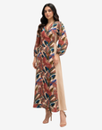 Elegant Paradise Plume tropical print linen blend dress with contrast side panels and breathable modest silhouette by Gharza Couture.