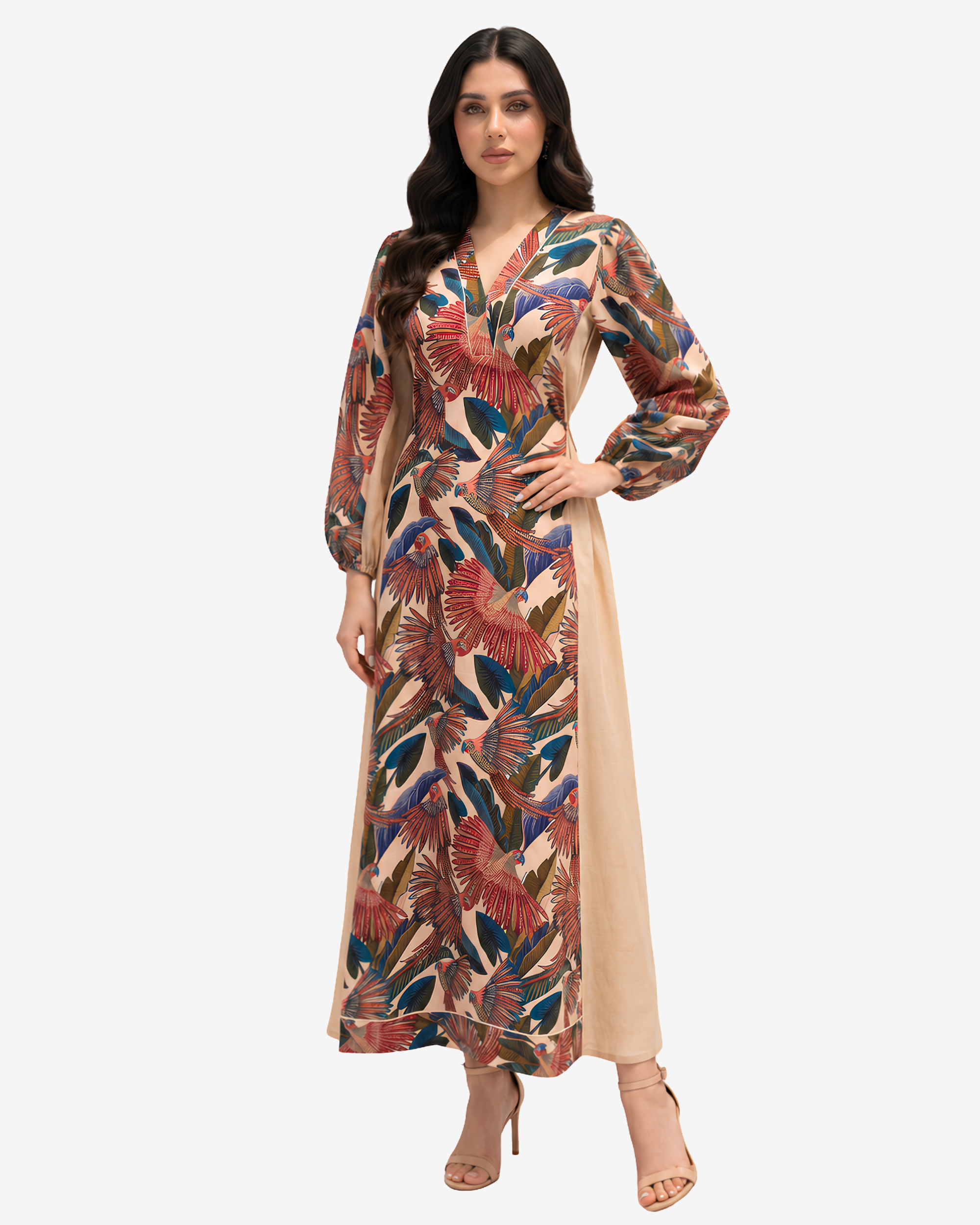 Premium Paradise Plume modest dress in breathable linen blend with tropical bird print and full-length flowing design.