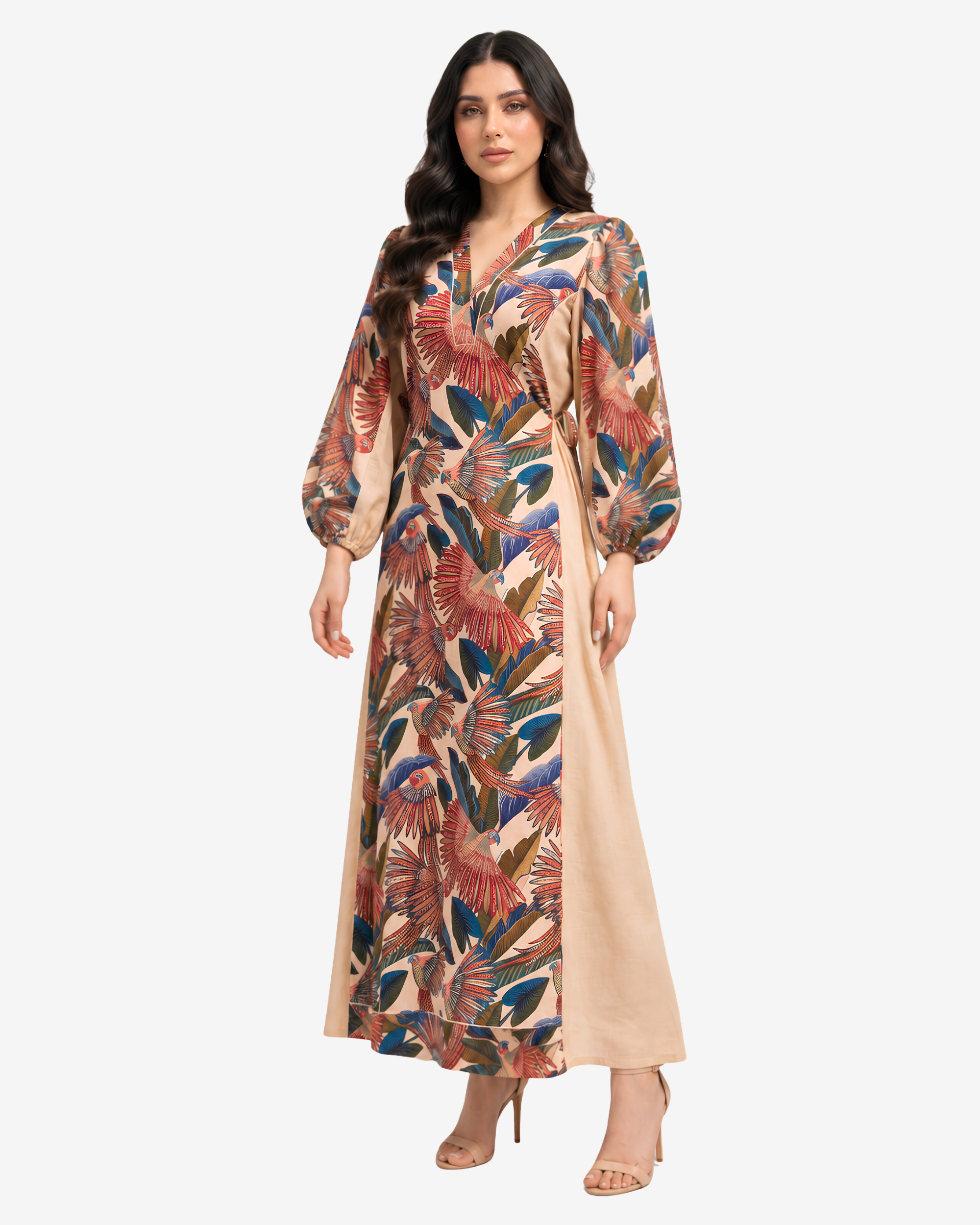 Elegant Paradise Plume tropical print linen blend dress with contrast side panels and breathable modest silhouette by Gharza Couture.