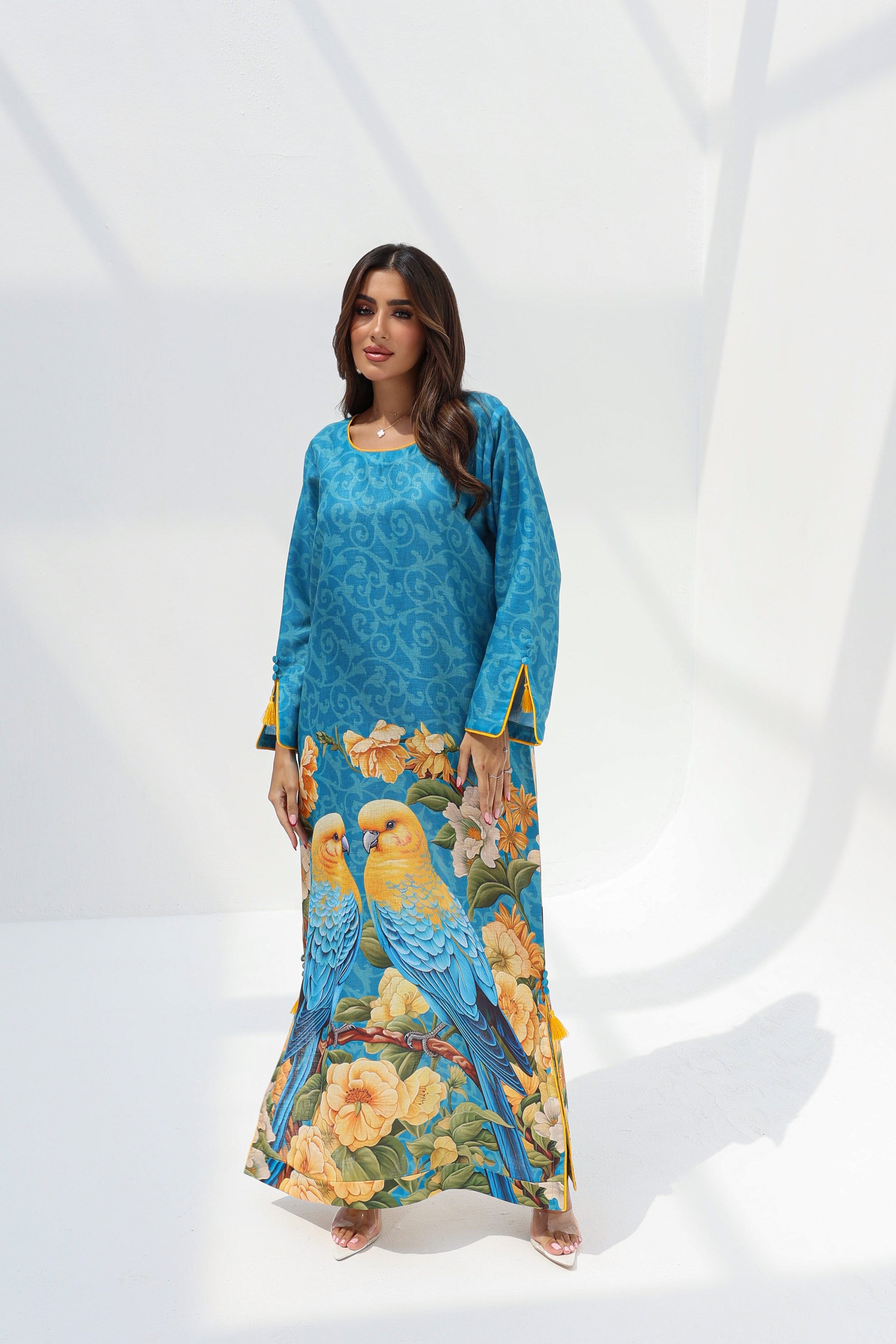 Full-length styled view of Paradise Pair Tassel Cuff Linen Blend Jalabiya
