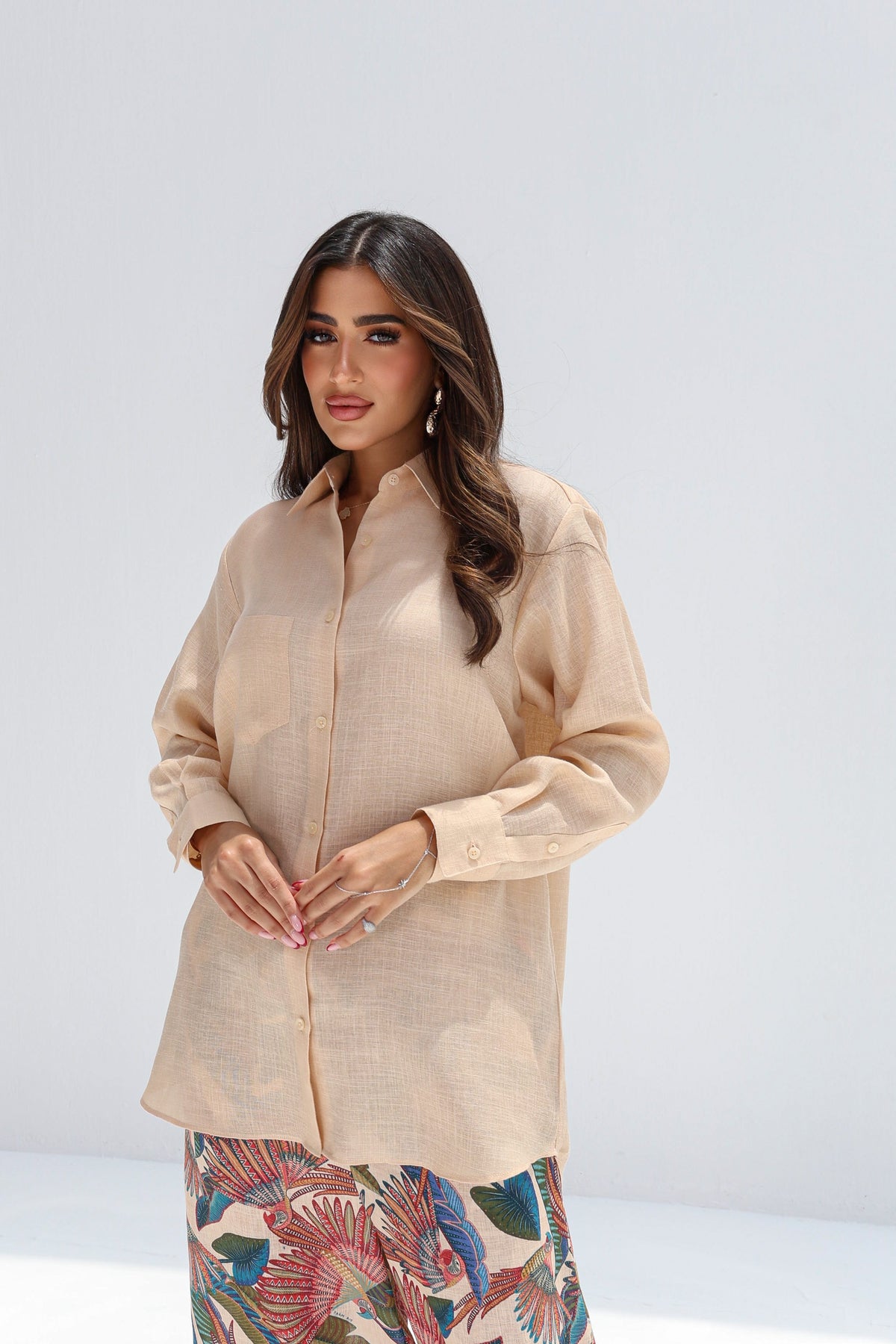 Upper-body view of Paradise Plume Co-ord Set showing relaxed neutral button-front shirt