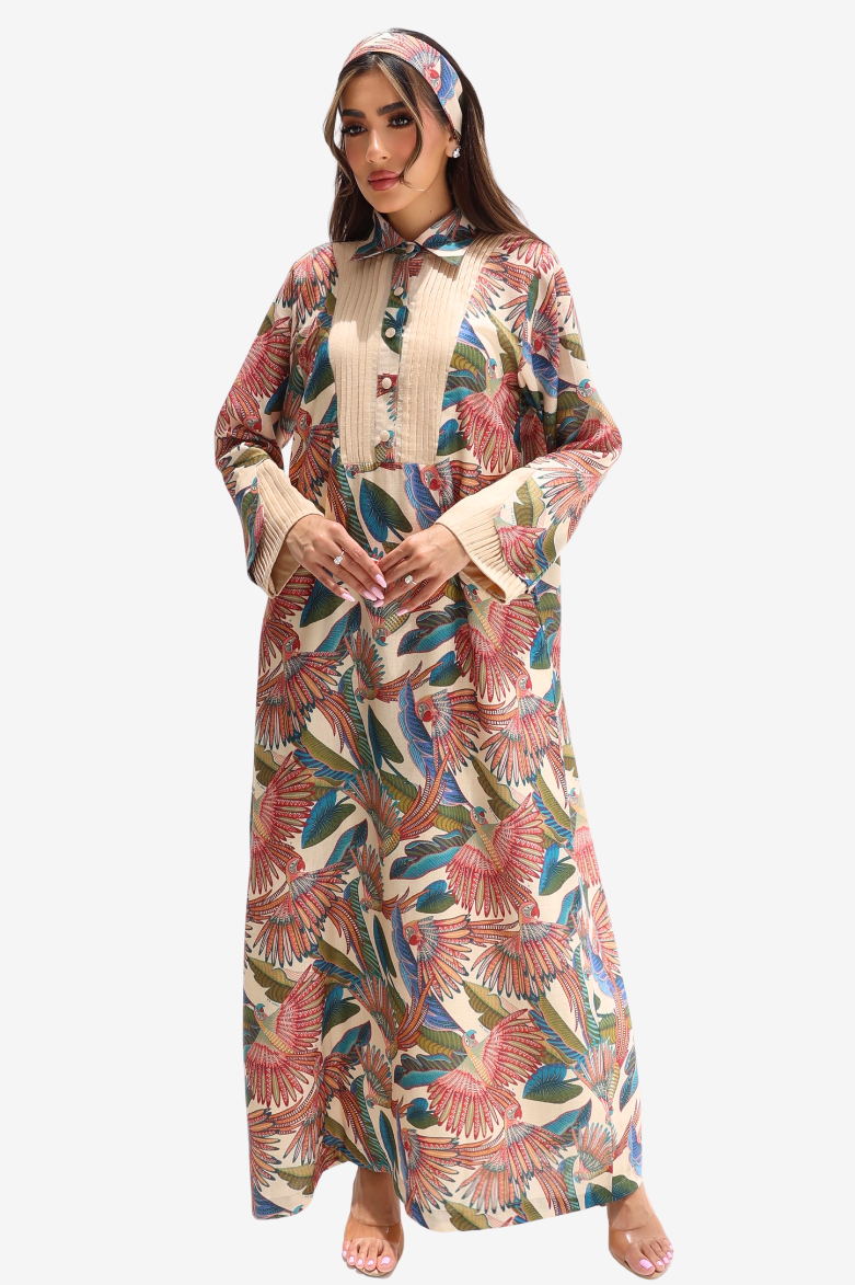 Paradise Plume Pleated Front Linen Blend Jalabiya with tropical bird print by Gharza Couture