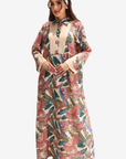 Paradise Plume Pleated Front Linen Blend Jalabiya with tropical bird print by Gharza Couture