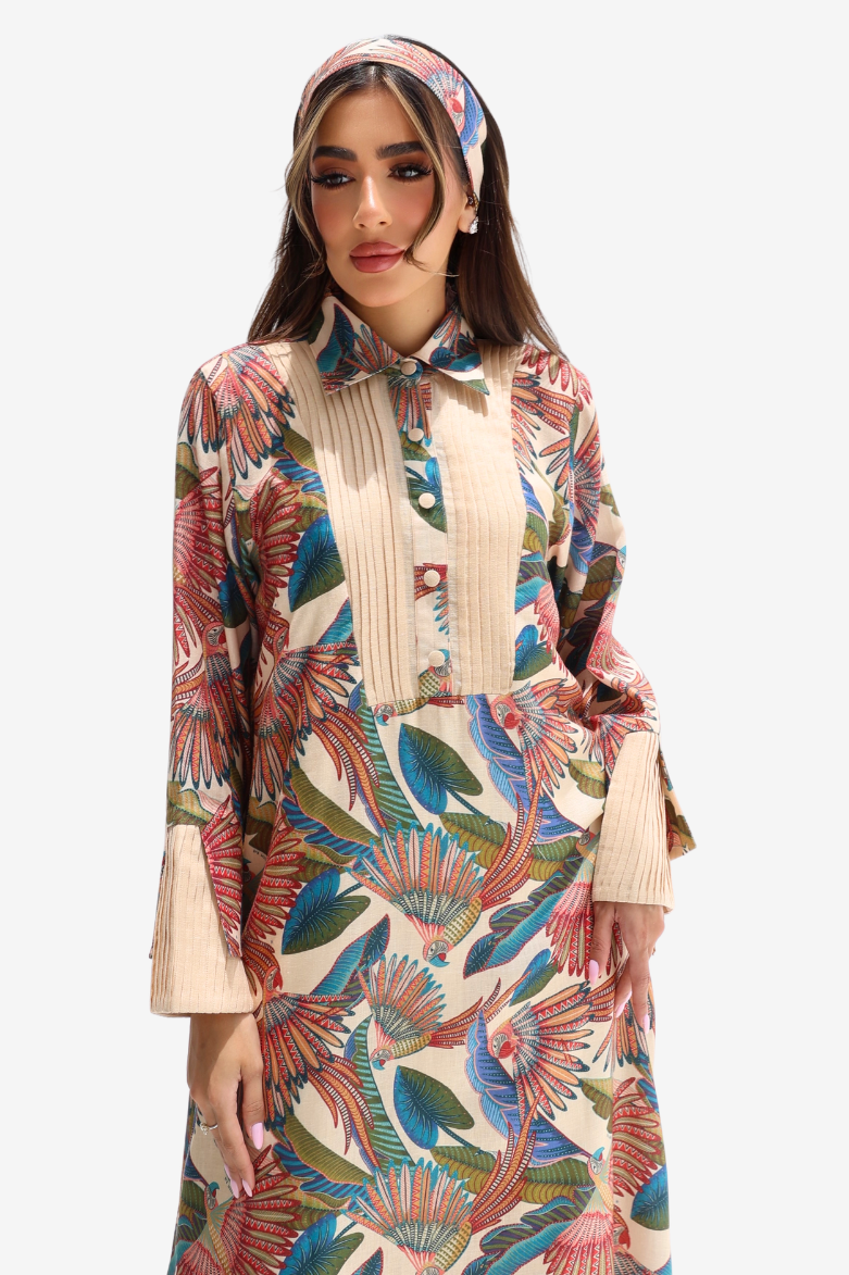 Paradise Plume modest linen blend jalabiya with pleated cuffs and tropical botanical print by Gharza Couture