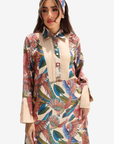 Paradise Plume modest linen blend jalabiya with pleated cuffs and tropical botanical print by Gharza Couture