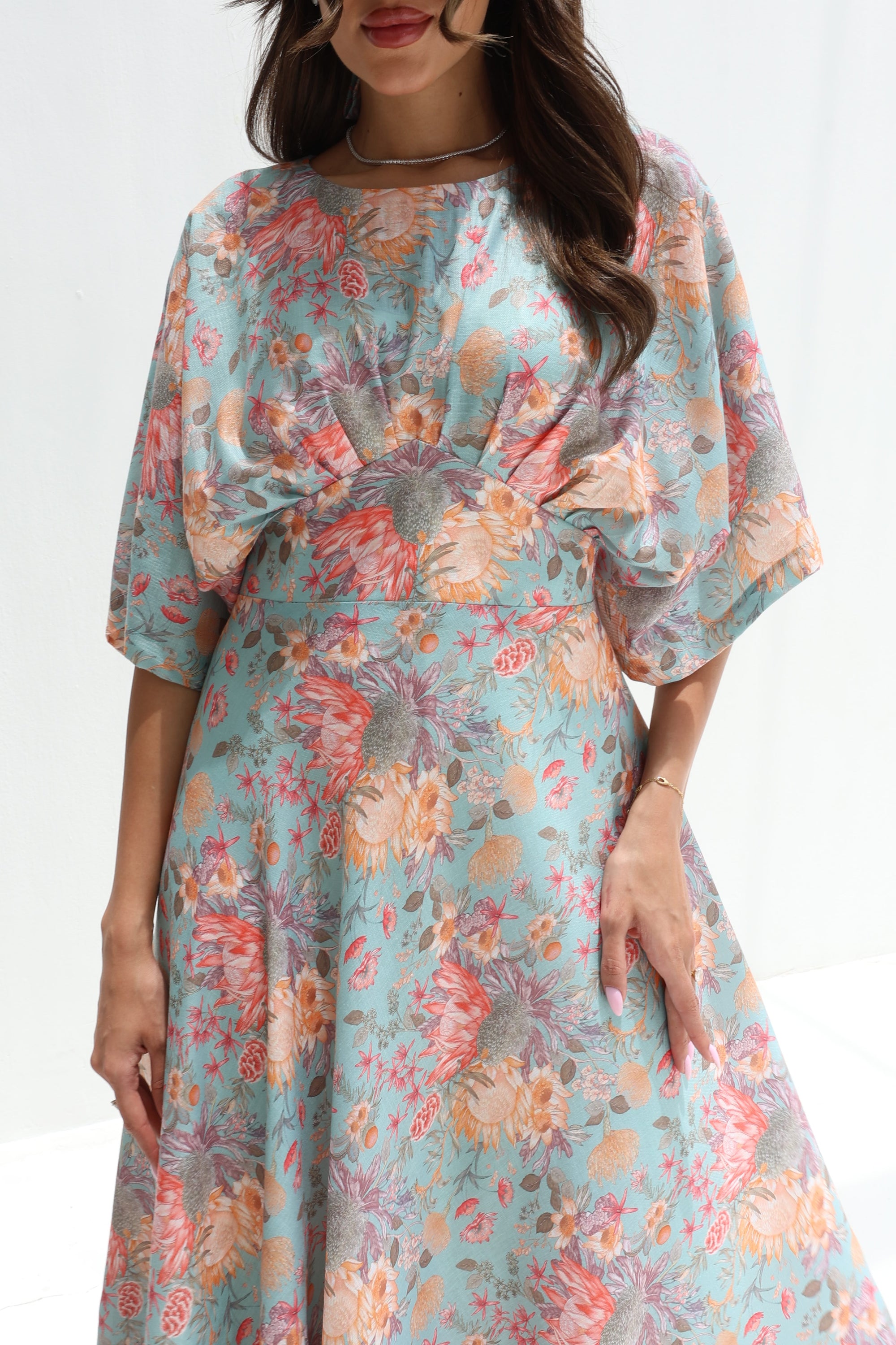 mpire waist detail on Pastel Chrysanthemum Linen Blend Dress