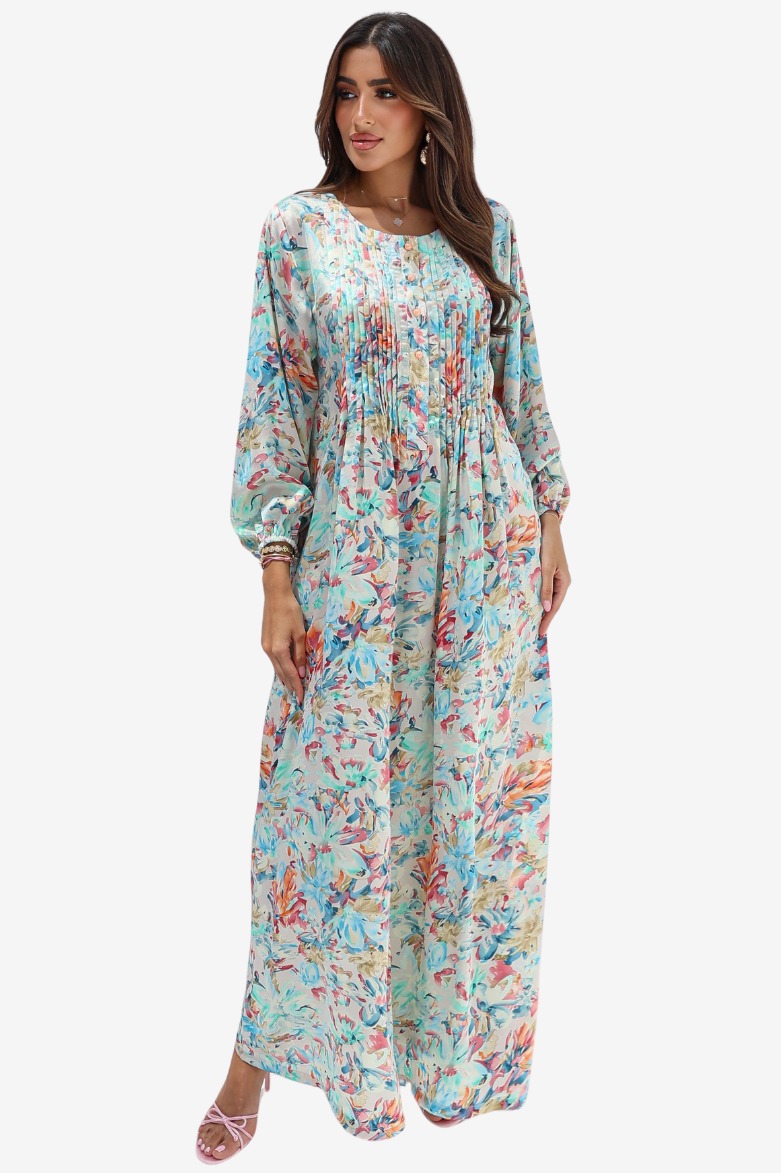 Full-length angled view of Pastel Watercolor Bloom printed silk jalabiya