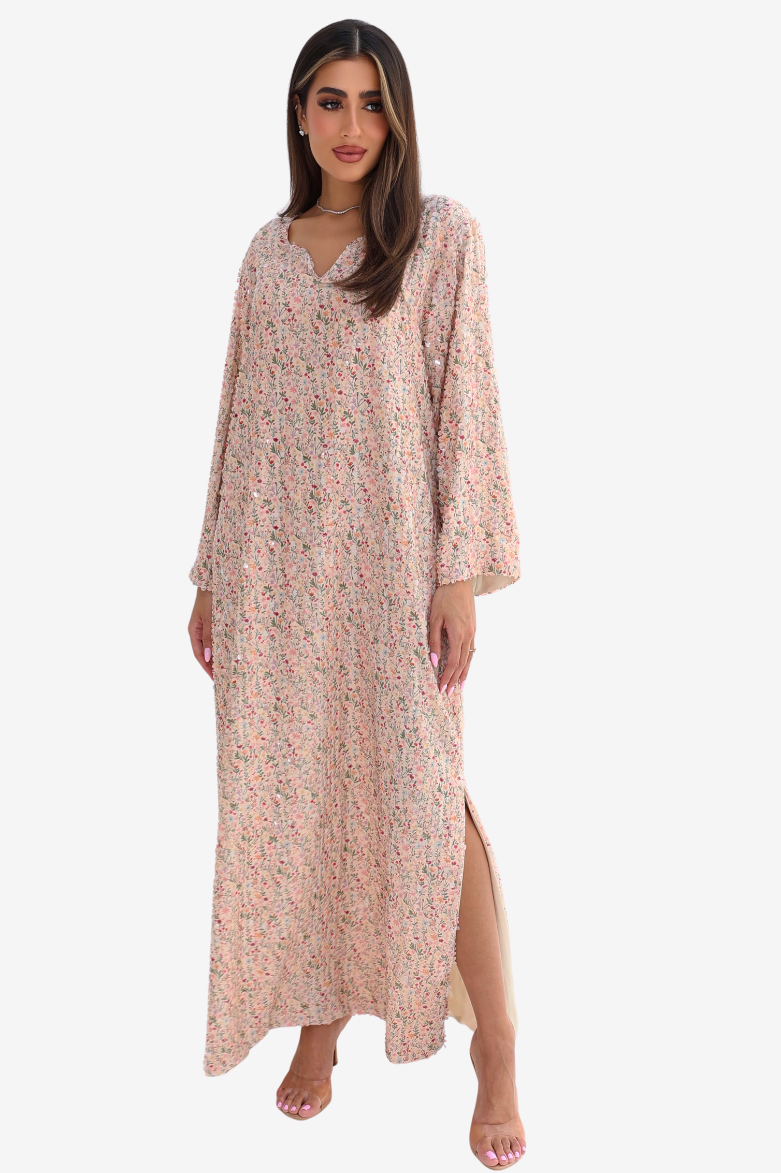 Petal Whisper Side Slit Full Sequin Embellished Linen Blend Jalabiya front view
