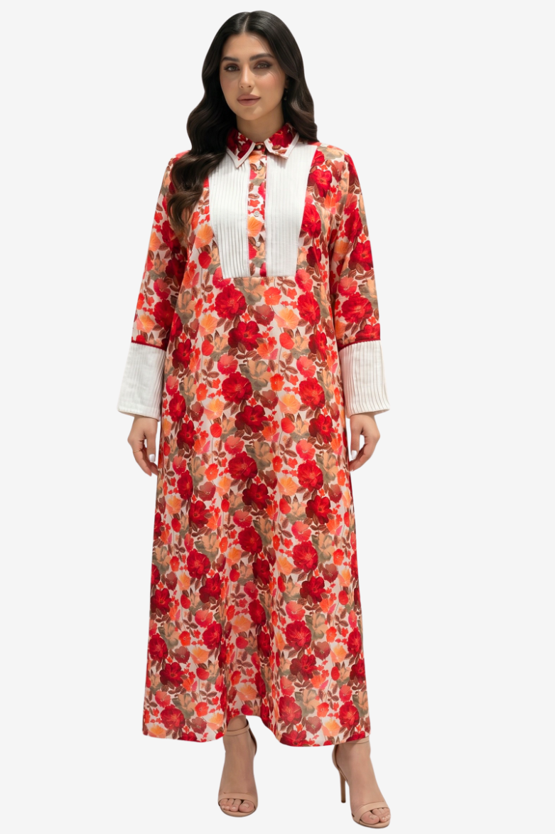 Pleated Panel Linen Blend Dress full button-front design with tailored cuffs