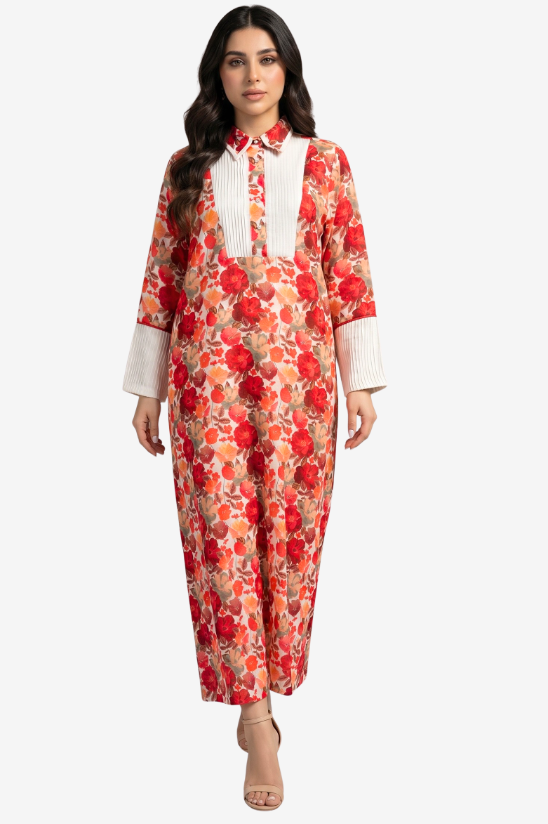 Pleated Panel Linen Blend Dress pleated front panel and shirt collar detail