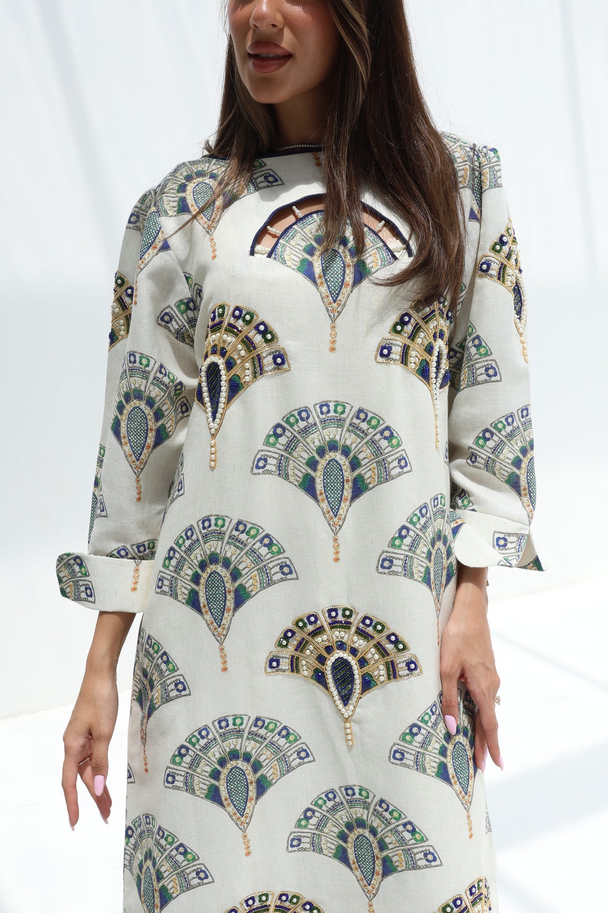Close-up of Royal Mosaic Hand Embellished Linen Blend Jalabiya highlighting print and hand embellishments