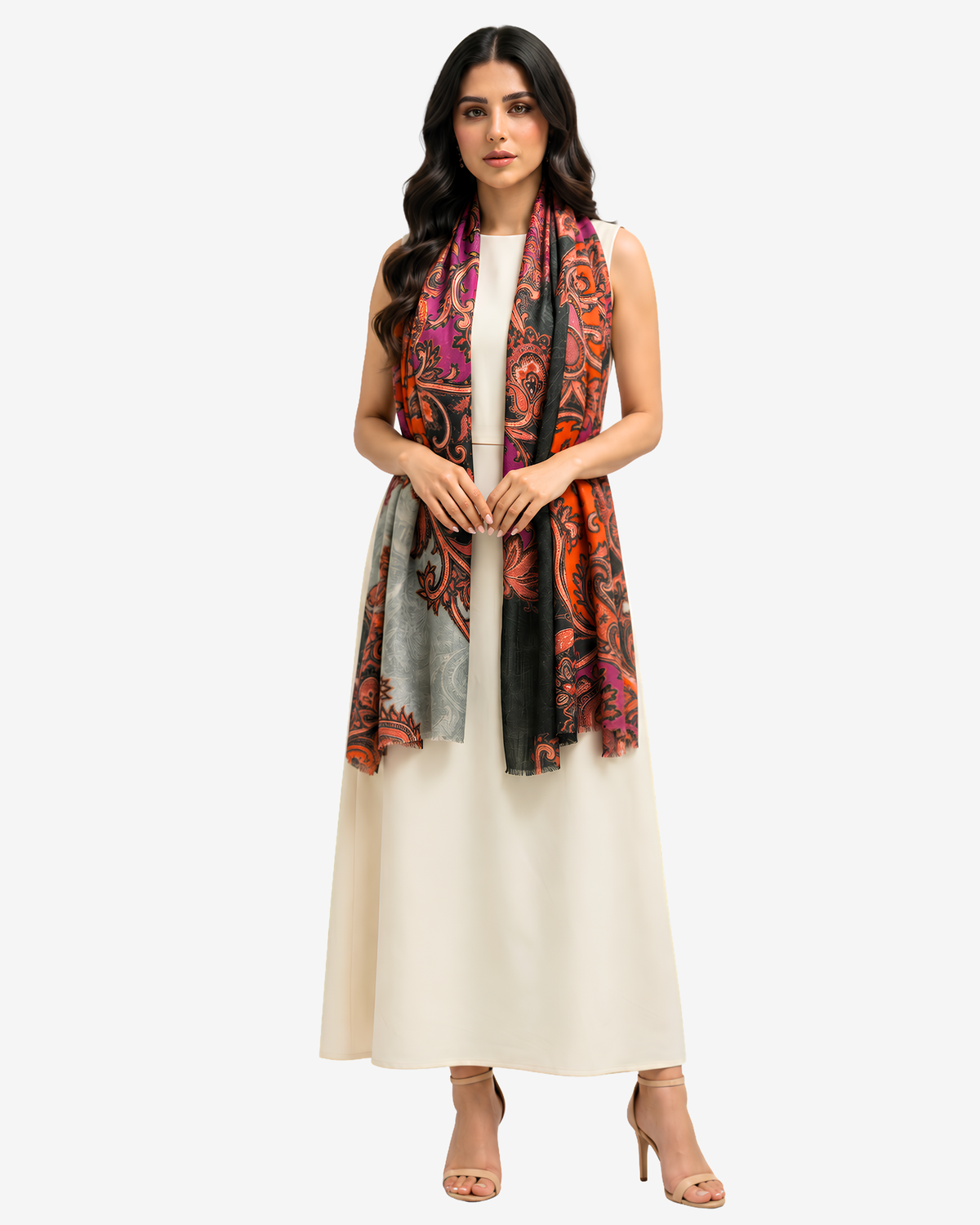 Royal Paisley Cashmere Silk Scarf styled loosely over a white dress with the printed scarf falling at the front