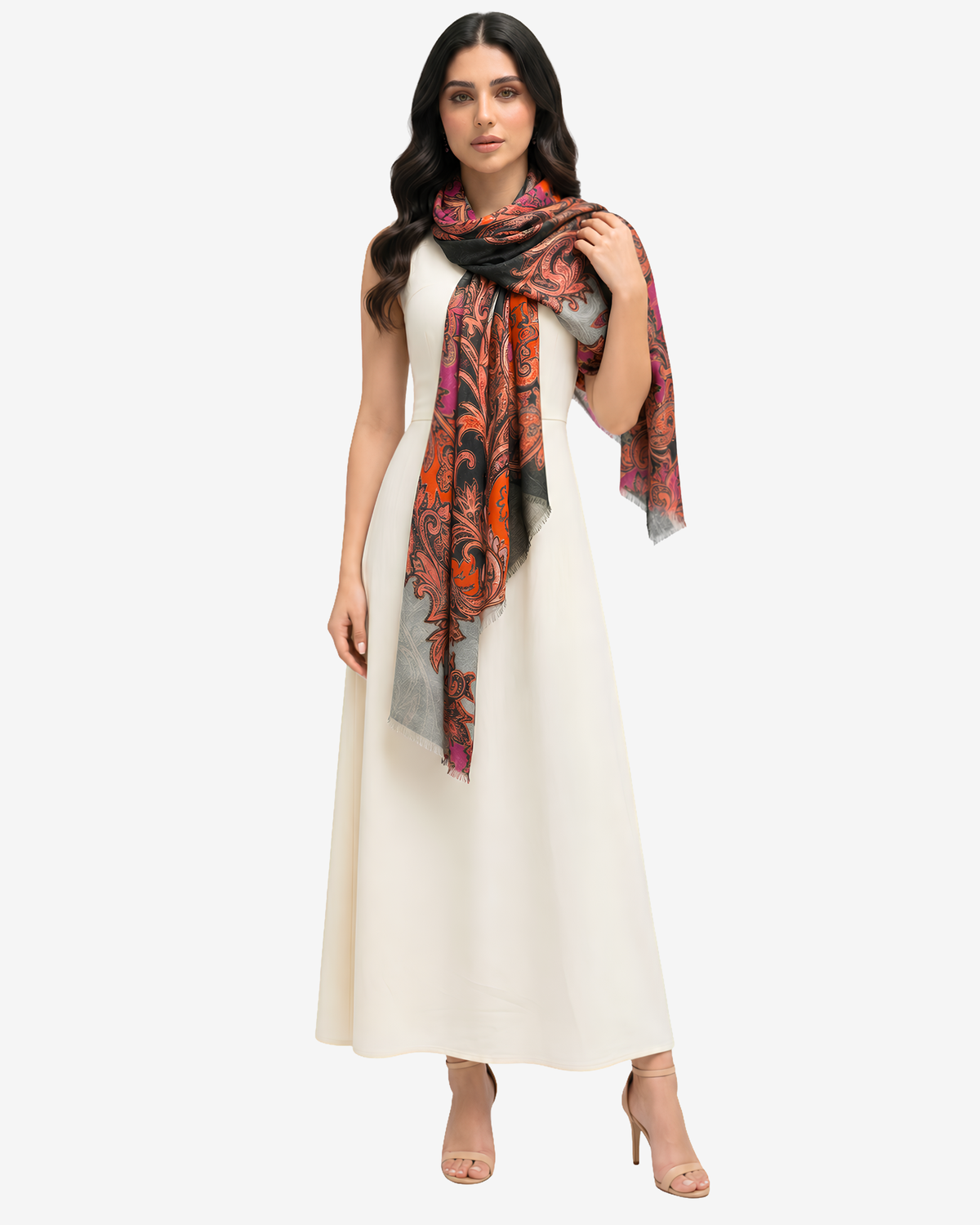 Royal Paisley Cashmere Silk Scarf wrapped around the neck with the printed ends draped over a white dress