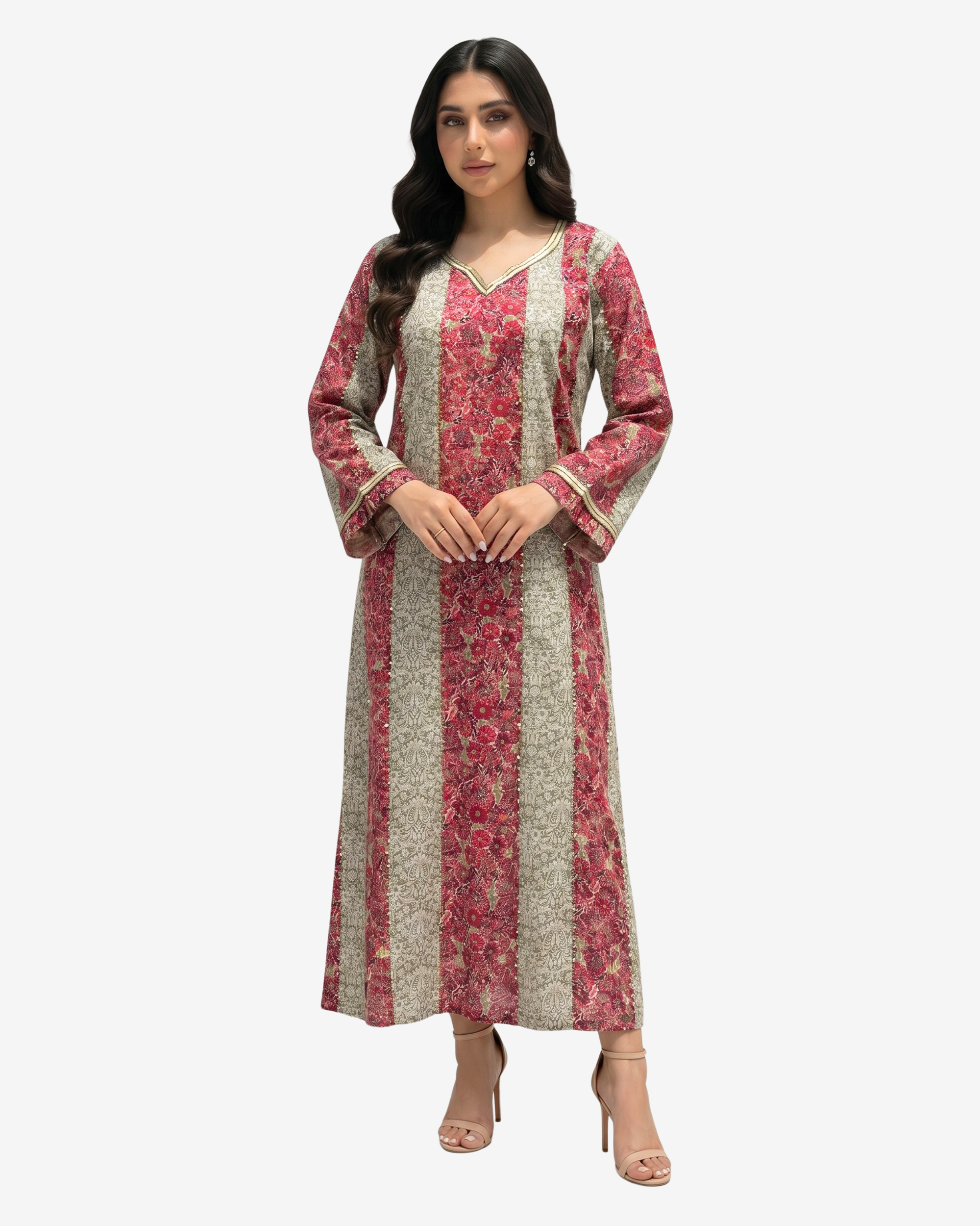 Front view of the Ruby Tapestry Hand Embellished Cotton Jalabiya with premium cotton fabric, floral panel print and elegant modest fit.