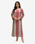 Front view of the Ruby Tapestry Hand Embellished Cotton Jalabiya with premium cotton fabric, floral panel print and elegant modest fit.