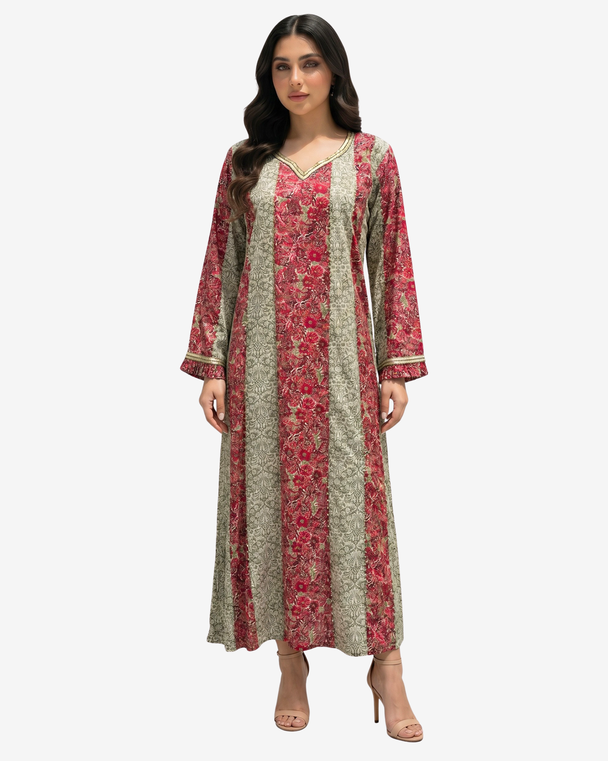 Ruby Tapestry Hand Embellished Cotton Jalabiya by Gharza Couture featuring a luxury floral stripe design, handcrafted embellished neckline and modest full-length silhouette.