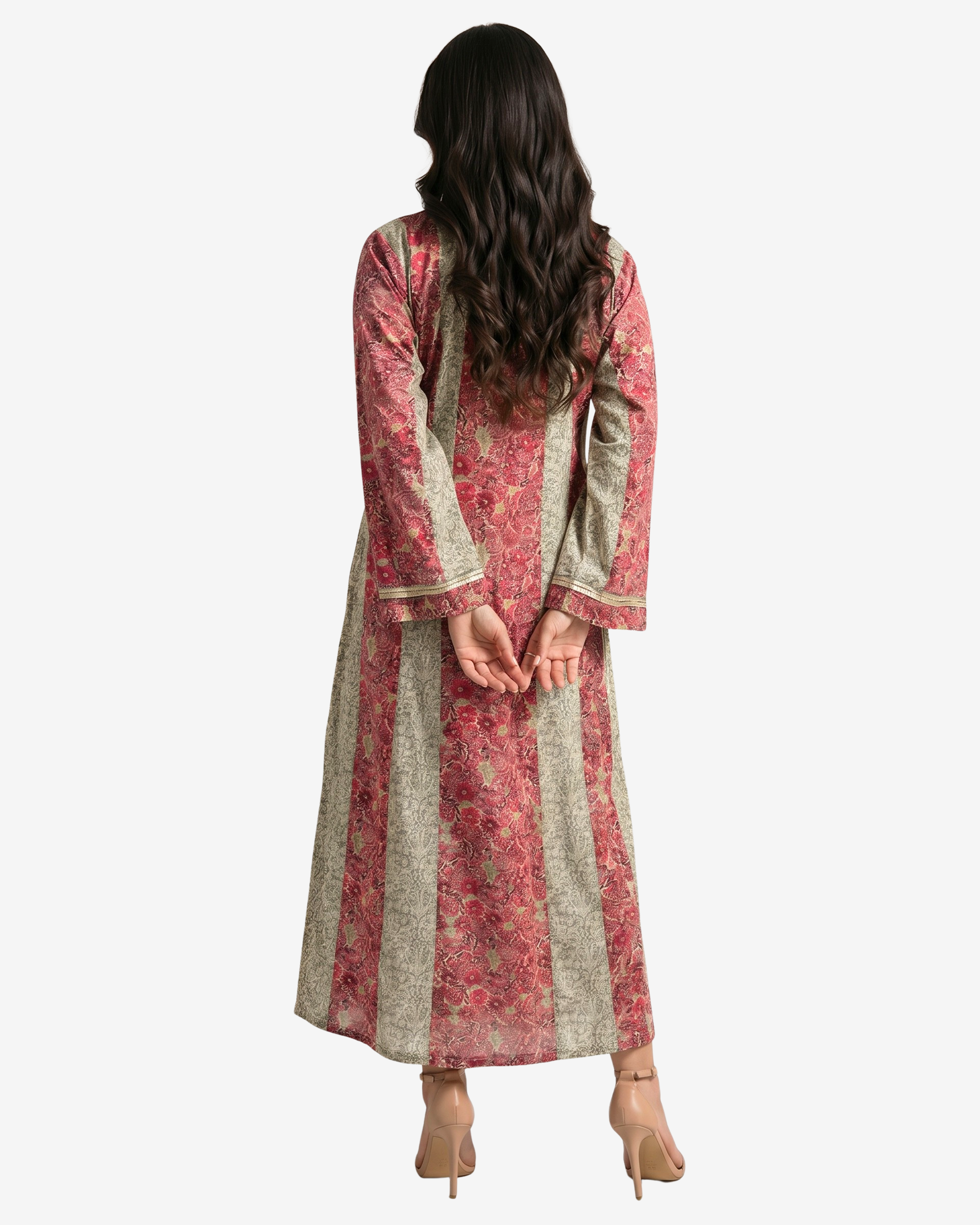 Back view of the Ruby Tapestry Hand Embellished Cotton Jalabiya showcasing breathable premium cotton fabric and elegant full-length design.